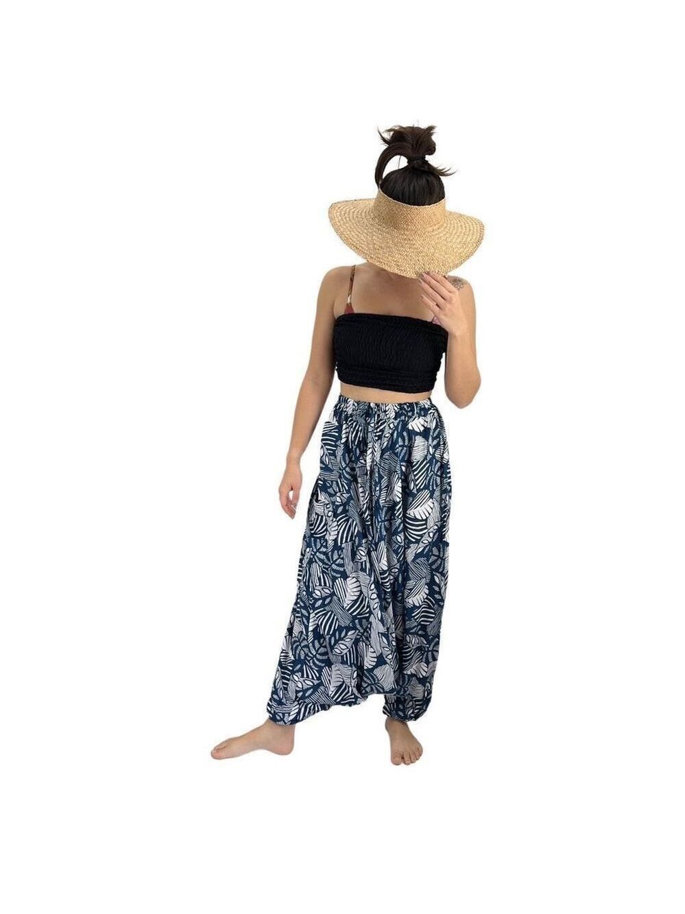 Apau ~ Gender Fluid Alladin Gypsy Pants Blue White Tropical Floral Leaf Design